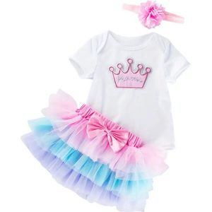 Eerste Verjaardags Jurkje Meisje - 3 delig Baby Meisjes - Leuke Kroon - Grafische Print- Korte Mouw - Maat 9 tot 12 Maanden -Tutu Rok & Hoofdband Set Kleding