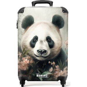 NoBoringSuitcases.com® - Handbagage koffer lichtgewicht - Reiskoffer trolley - Zwart-witte panda verstopt achter roze bloemen - Rolkoffer met wieltjes - Past binnen 55x40x20 en 55x35x25