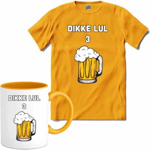 Dikke lul 3 bier - Bier kleding cadeau - bierpakket kado idee - grappige bierglazen drank feest teksten en zinnen - T-Shirt met mok - Dames - Geel - Maat XXL