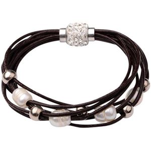 Zoetwaterparel armband Bling Pearl Brown - echte parels - echt leer - wit - bruin - zilver - magneetslot