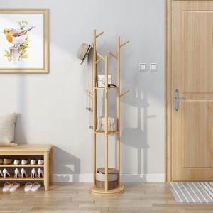 Garderobestandaard, draaibare kapstok van hout met 3 legplanken en 9 haken, stabiele en eenvoudige montage, voor woonkamer, hal, slaapkamer, kantoor (houtkleur)