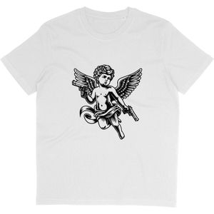 Satirisch T Shirt - Cupido met Pistolen - Grappig Cadeau voor Heren en Dames - Wit - S