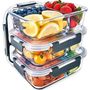 Glazen Meal Prep Containers met 3 Compartimenten - Luchtdichte en Lekbestendige Voedselvershoudbakken
