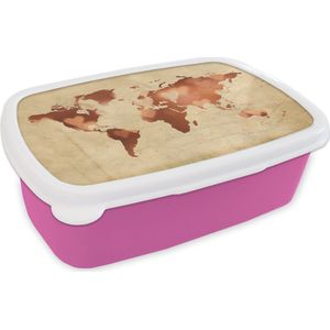 Broodtrommel Roze - Lunchbox - Brooddoos - Wereldkaart - Marmer - Hart - 18x12x6 cm - Kinderen - Meisje