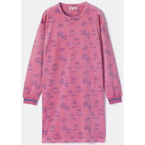 Woody slaapkleed meisjes/dames velours - roze - katten all-overprint - 252-10-YDE-V/951 - maat L