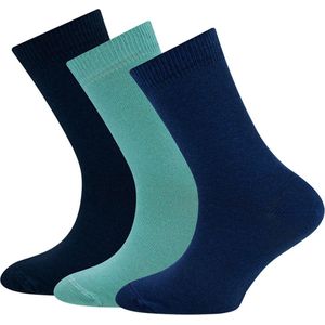 Kindersokken Ewers - 3-Pack - Effen Gekleurd - Turquoiseblauw & Donkerblauw & Middenblauw - Elastisch-19/22