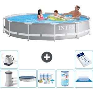 Intex Rond Prism Frame Zwembad - 366 x 76 cm - Grijs - Inclusief Pomp Afdekzeil - Onderhoudspakket - Filter - Grondzeil - Zoutwatersysteem - Zwembadzout