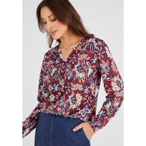 Damart - Gebloemd T-shirt in stretch crêpe stof met glanzend garen - Dames - Rood - XL