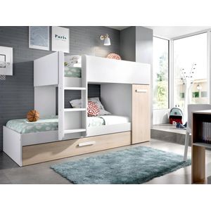 Vente-unique Stapelbed met onderschuifbed en opbergruimte 3x90x190cm - Wit en naturel - ANTHONY L 243 cm x H 150 cm x D 97 cm