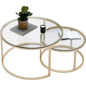 Wildor® Salontafel 2 in 1 goud met gehard glas - Glazen woonkamer tafel - Nachtkastje - Multifunctionele tafel - Tafel diameter 80cm en 60cm - Metaal frame goudkleur - Glas