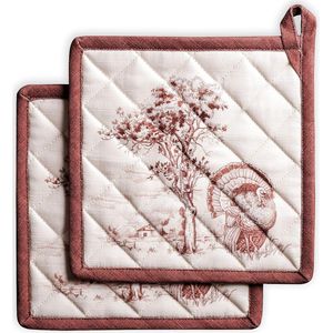 Pannenlappen, 100% katoen, set van 2 (20 cm x 20 cm) hotpads, hittebestendig, met strik-pothouder voor moederdagcadeau, bakken, Holy Jouy - bruin - oogstfeest/Kerstmis