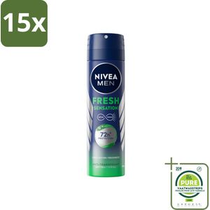 15 x NIVEA MEN - Deodorant Spray - Fresh Sensation - 150 ml - Grootverpakking - Anti-transpirant Spray - Zweetgeur Bestrijding - Frisse Geur - Huidvriendelijk - 72 Uur Bescherming