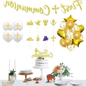 Eerste communie decoraties – Gouden banner, ballonnen en taarttoppers voor heilig communiefeest, jongens en meisjes