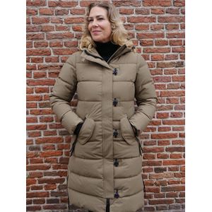 Lange dames winterjas - Gewatteerd en getailleerd - Taupe - Maat 36