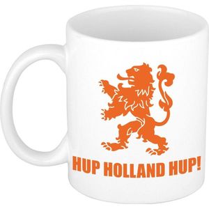 Hup Holland hup met leeuw beker / mok wit - 300 ml - oranje supporter / fan