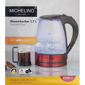 Michelino 74318 - Waterkoker - 1,7 Liter - RVS - 2200Watt - Zwart, rood