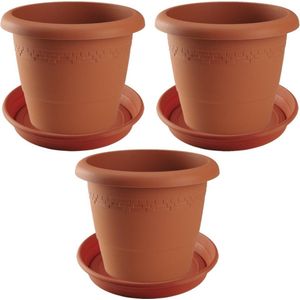 3x stuks bloempotten met onder opvangschaal in kleur terra cotta - rond diameter pot 40 cm - Plantenpotten/bakken
