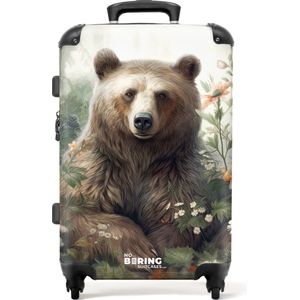 NoBoringSuitcases.com® - Koffer groot - Rolkoffer lichtgewicht - Bruine beer zit tussen de bloemen en planten - Reiskoffer met 4 wielen - Grote trolley XL - 20 kg bagage