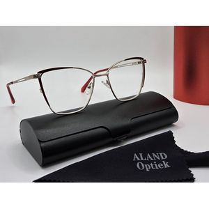 Elegante damesleesbril +1,0 / metalen montuur met toegevoegde strass steentjes, kleur rood en zilver, lunettes de lecture / cat - eye bril +1.0 met brillenkoker en doekje / Aland optiek / leesbrillen dames / VV5123