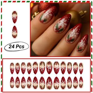 GUAPÀ® Plaknagels Amandel Kerst Thema | 24 stuks valse nagels | Press On Nails | Zelfklevende Plaknagels | Nepnagels | Kunstnagels | Compleet plaknagels starterspakket | Nagels stickers | 24 stuks plaknagels Kerst Nagels