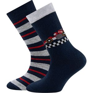 Ewers - Kindersokken - Donkerblauw en Grijs met Raceauto/Finishlijn en Donkerblauw/Grijs/Rood gestreept - 2-PACK