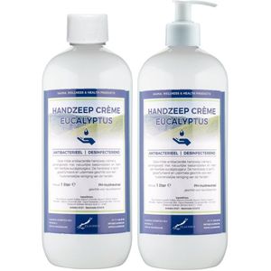 Handzeep Crème Eucalyptus 1 liter - set van 2 stuks - met gratis pomp - Voordeelverpakking