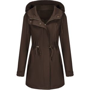 Lichtgewicht damesjack/windjack, gereedschapstas, trekkoord in de taille, capuchontrui, casual herfstjack met rits en zakken, windjack met capuchon van katoen, koffiekleur, maat L.
