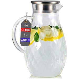 Waterkaraf - 2L Glazen Waterfles - Waterkan met Deksel en Filter Voor Warme en Koude Dranken - Karaf Met Uniek Diamant Patroon