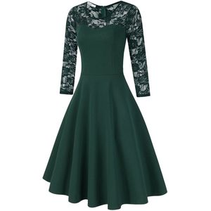 Elegante Kanten Jurk Voor Dames, Cocktailjurk, Bruidsmeisjesjurken Voor Bruiloften, Avondjurken, Ronde Hals, Knielange Rockabillyjurk Donkergroen S