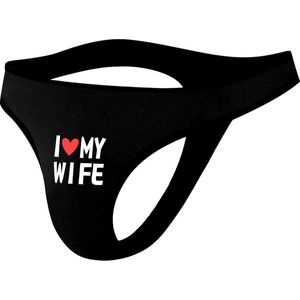 Sexy Zwarte Heren String – Lage Taille, Ademend Ondergoed met I Love My Wife Print