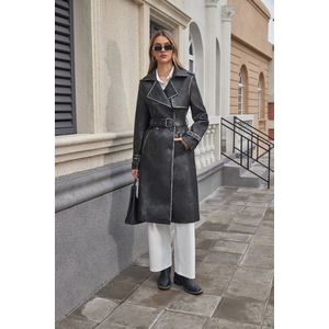 Savory Fashion- Trenchcoat - Leather look - Donkergrijs - Zilver - Maat M