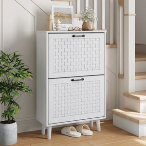 Sweiko Schoenenkast - 2 handgemaakte rotan lades - Massief houten poten - Wit