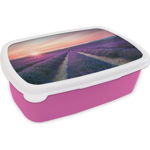 Broodtrommel Roze - Lunchbox - Brooddoos - Lavendel - Paars - Bloemen - Lucht - 18x12x6 cm - Kinderen - Meisje