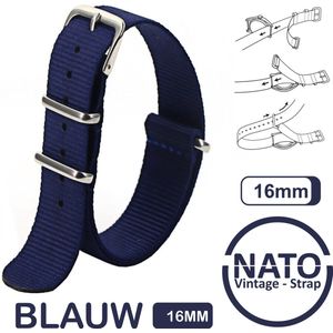 16mm Nato Strap Blauw - Vintage James Bond - Nato Strap collectie - Mannen - Horlogebanden - Blue - 16 mm bandbreedte voor oa. Seiko Rolex Omega Casio en Citizen