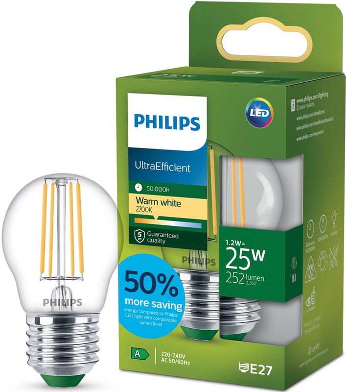 Philips UltraEfficient LED lamp - 25W - E27 fitting - Warmwit licht: 2700K - Helder glas - P45 kogellamp - Lange levensduur