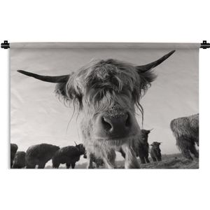 Wandkleed Schotse Hooglanders  - Schotse hooglander in het zwart-wit Wandkleed katoen 90x60 cm - Wandtapijt met foto