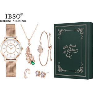 Boerni Aibisino Rosé Gouden Horloge, Ring , Armband, oorbellen en Ketting |  Goud luxe geschenk set luxe geschenk set | Crystal glas | Premium kwaliteit uurwerk Quartz Japan | Mineraal | Geschenk | Fashion | Elegant | Dames | Vrouw |