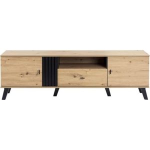 TV Meubel - Dressoir - TV kast - Televisie kast - Deuren en Lade - Houten strips - Bruin en zwart - 170x50x40