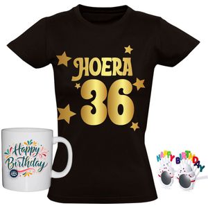 36 jaar Dames T-shirt + Koffiemok + Happy birthday bril - goud - verjaardag - shirt