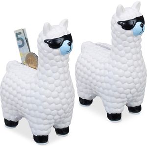 Relaxdays 2x Lama spaarpot met zonnebril - spaarvarken - alpaca - keramiek - wit