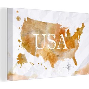 Canvas Wereldkaart - 180x120 - Wanddecoratie Verenigde Staten - Wereldkaart - Olieverf