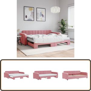 vidaXL Slaapbank onderschuifbed en matrassen 90x200 cm fluweel roze