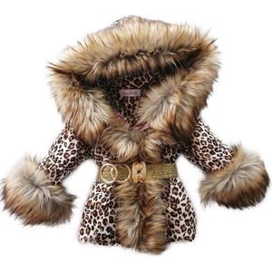 BamBella® Winterjas - Maat 140 - Imitatiebont jas kind Dierenprint kinderjas panterprint jasje met grote bontkraag