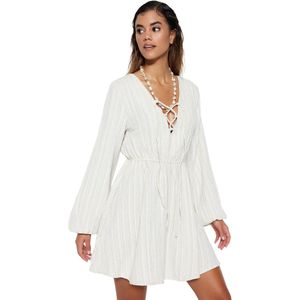 Trendyol Ecru Mini-Geweven Linnen Strandjurk Met Strikband Tbess23El00103