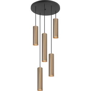 Hanglamp Perugia | 5 lichts | goud / zwart | getrapt | in hoogte verstelbaar tot 160 cm | Ø 5,5 cm | Ø 35 cm | 5 x GU10 fitting | eetkamer / keuken | modern / klassiek / sfeervol design | max 5 x 5 Watt | neerwaartse spotlight | Stoffen snoeren