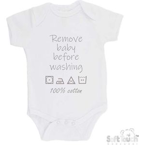 100% katoenen Romper ""Remove baby before washing 100% cotton"" Unisex Katoen Wit/grijs Maat 68/74