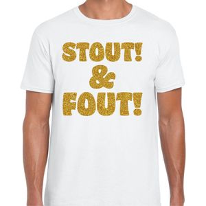 Bellatio Decorations Verkleed T-shirt heren - stout! en fout! - wit - glitter goud - themafeest fout/goud/stout S