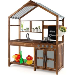 Imperatoris - Kinderkeuken Speelgoed met Luifel, Kraan, Spoelbak, Tafel & Bloempotten - Modderkeuken - Buitenkeuken Speelgoed - Speelkeuken Buiten - Speelgoed Keukengerei - Buitenkeuken Hout - Buiten Keuken - Tuinkeuken - Vanaf 3 Jaar - Bruin