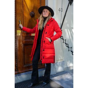 Lange dames winterjas - Gewatteerd en getailleerd - Rood - Maat XL (42)