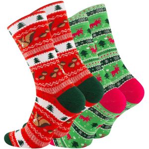 Kerstsokken Set - 2 paar Sokken met Rendieren, Eekhoorns & Kerstbomen - Maat 41-45 - Winter Sokken Groen & Rood